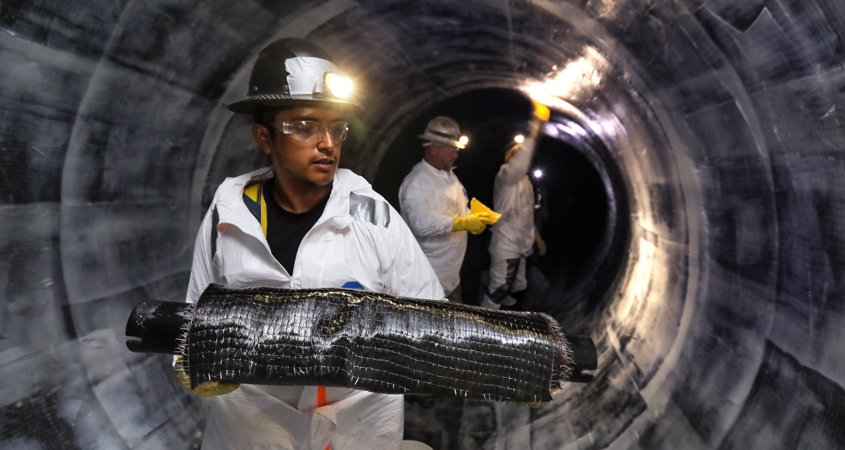 A man holds a roll of carbon fiber lining while standing inside a large-diameter pipeline. 